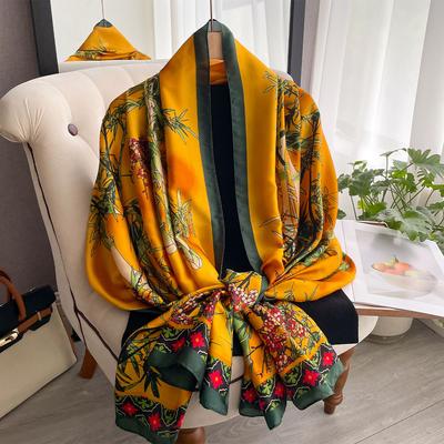 Spring Fashion Dustproof Big Bandanna Popular Satin Finish Silk Shawls Scarves Luxury Print Sunscreen Beach Towel