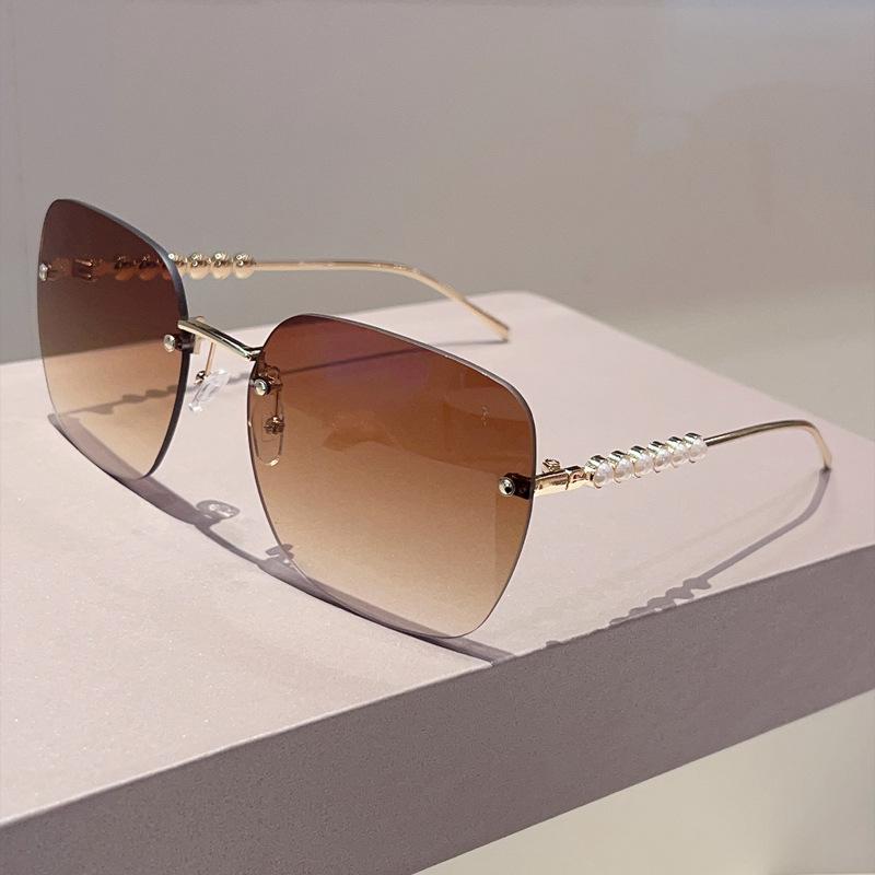 Vintage Rimless Oversized Square Sunglasses Women For Men Luxury Brand Designer Sun Glasses Punk Popular Pearl Metal Shades