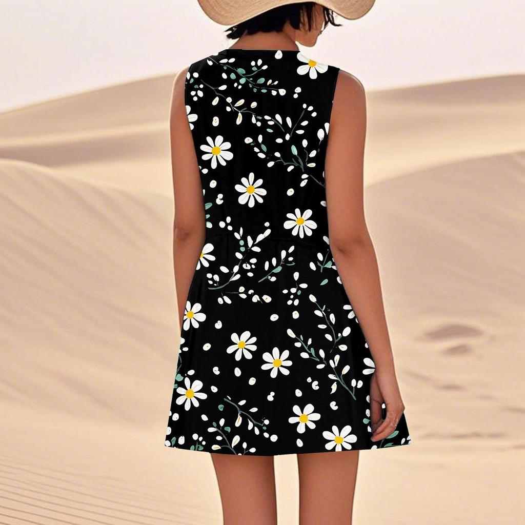 Print Dresses For Women Loose Beach Vacation Casual Sleeveless Sundresses With Pockets Tank Dress