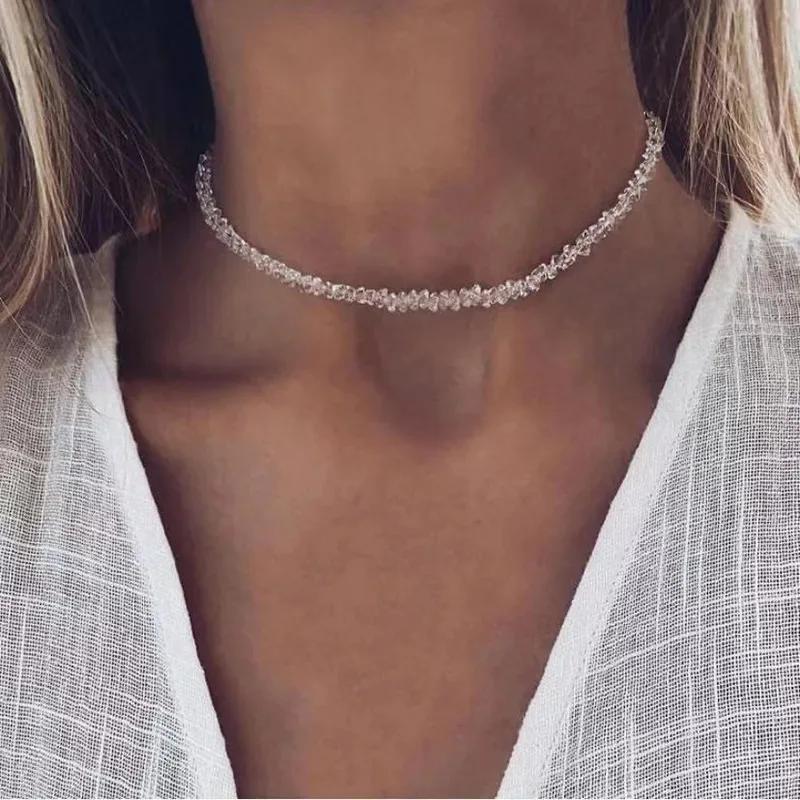 Mulit-cut Glass Crystal Irregular Beaded Choker Necklace for Women Transparent Vintage Collarbone Collar Neck Fashion Jewelry
