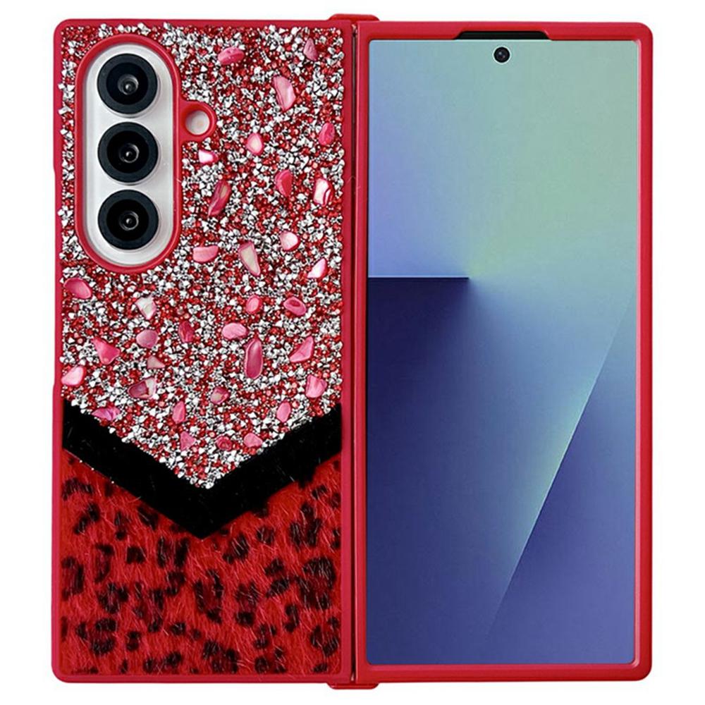 For Samsung Galaxy Z Fold7 5G Case Stone Decor Glitter Leopard Splicing Plush PC Phone Cover