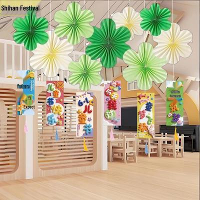 Children's Day Spring Window Ornaments: Kindergarten Paper Fan Decorations for Shops and Malls