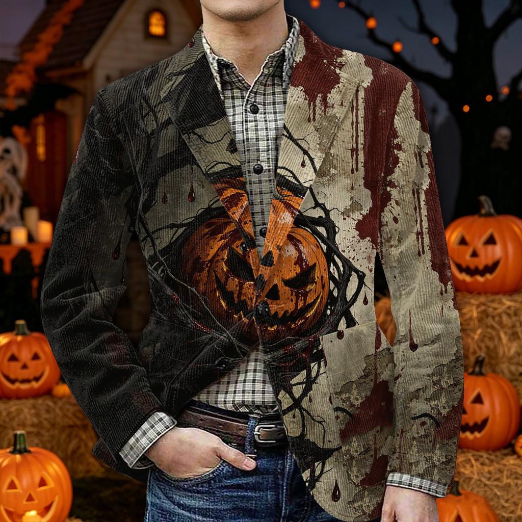 Herren Halloween Print Corduroy Warme Blazerjacke mit Taschen Lässiger Anzugmantel Knopfleiste Vorne Langarm Oberbekleidung