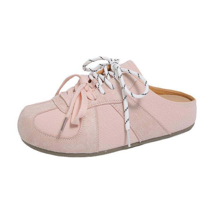 

2025 new Korean version of bag head slippers women s summer half-drag color matching shoelaces flat lace round head non-slip women s shoes 40 розовый