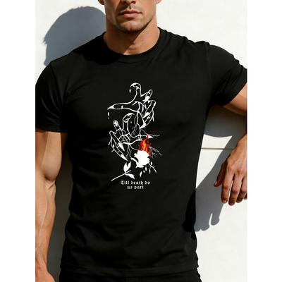 European Sizes Gothic Style Men'S T-Shirt with Skeleton Hand Holding Rose And Flame Design Till Death Do Us Part Graphic Summer Casual Wear