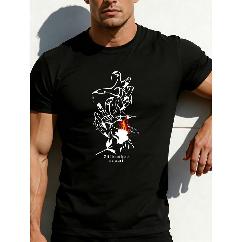 

European sizes Gothic Style Men S T-Shirt with Skeleton Hand Holding Rose And Flame Design Till Death Do Us Part Graphic Summer Casual Wear 4XL чорний