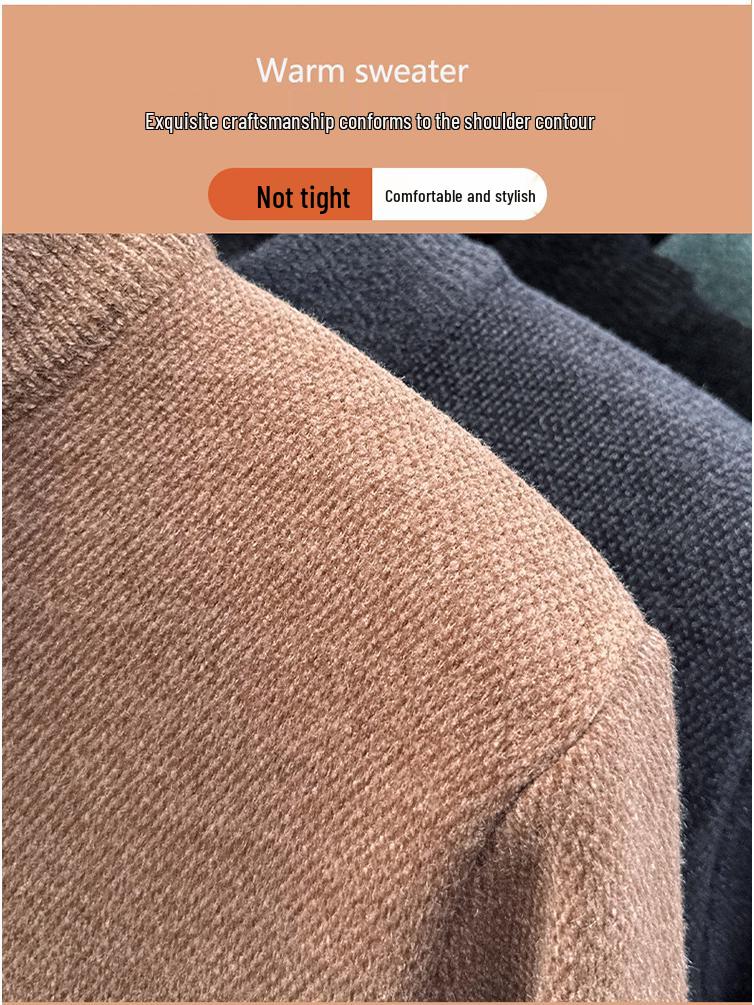 Men's Fleece-Lined Half-High Neck Knitted Sweater - Warm Embroidered Autumn/Winter Base Layer
