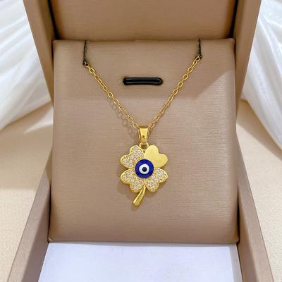 Lucky Zircon Clover Blue Evil Eye Pendant Necklace for Women Men Punk Gold Color Stainless Steel Chain Jewelry Gifts for Friends