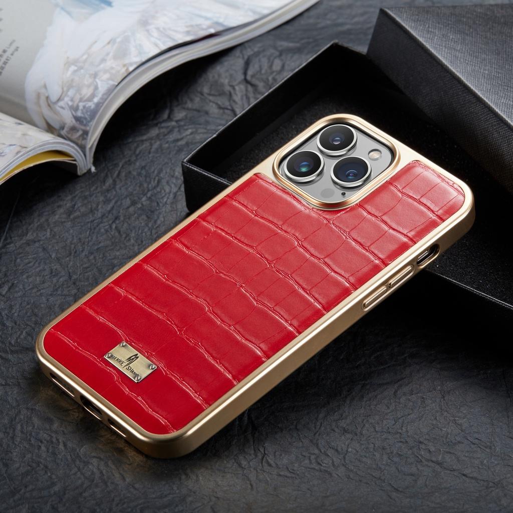 

Crocodile Metal Texture Retro Leather Case for iPhone 12 13 Pro Max 11 14 Plus Plating Bumper Slim Hard Back Cover For IPhone 11 красный