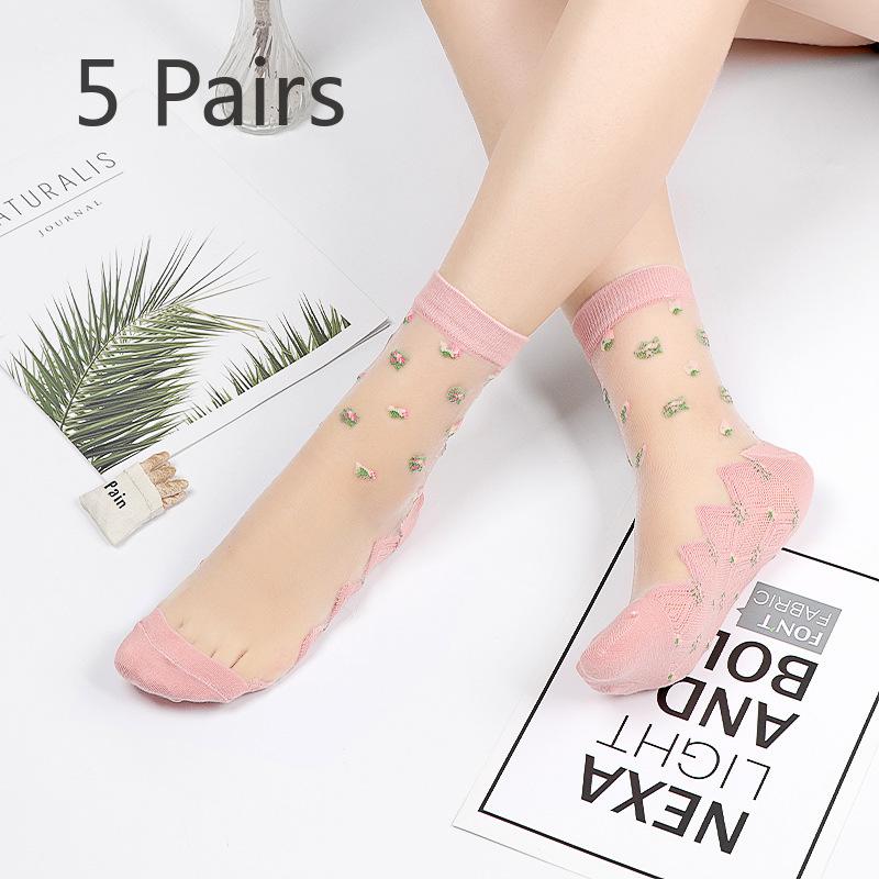 5 Pairs of Women's Spring and Summer Plus Cotton Bottom Floral Mesh Non Slip Crystal Silk Mid Tube Socks