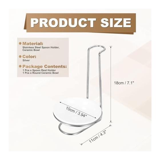 uxcell Spoon Rest Holder Stainless Steel Upright Rack Set with Ceramic Bowl, Compact Spoon Stand for Home Kitchen Restaurant Counter, Silver,