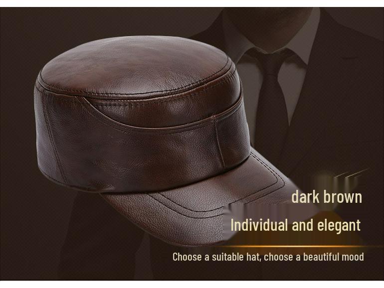 Męska Czapka z Daszkiem typu "Kaczka" ze Skóry Bydlęcej - Ciepła w Stylu Wojskowym na Jesień i Zimę