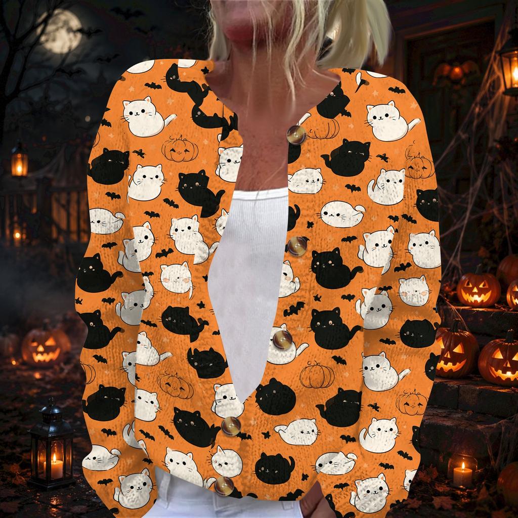 Women's Long Sleeve Knit Cardigan with Halloween Pattern Button Front for Casual Wear