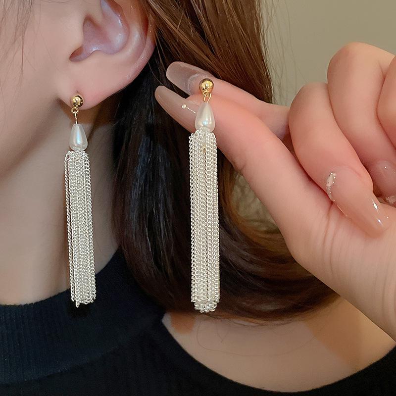 Elegant Waterdrop Faux Pearl Tassel Earrings - French Niche High-End Style for Women