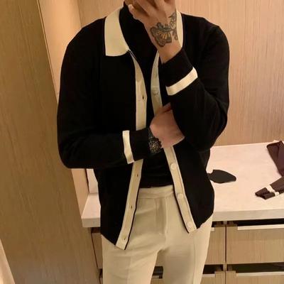 Cárdigan de Punto con Solapa de Otoño e Invierno para Hombre Estilo Coreano Sencillo Versátil Chaqueta Jersey Botón Contraste Top