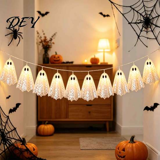 Easy Install Decorative Lighting Halloween Decoration String Lights, with Sequin Fabric Decor, Battery Operated Lightweight Hanging Ghost Party Lights
