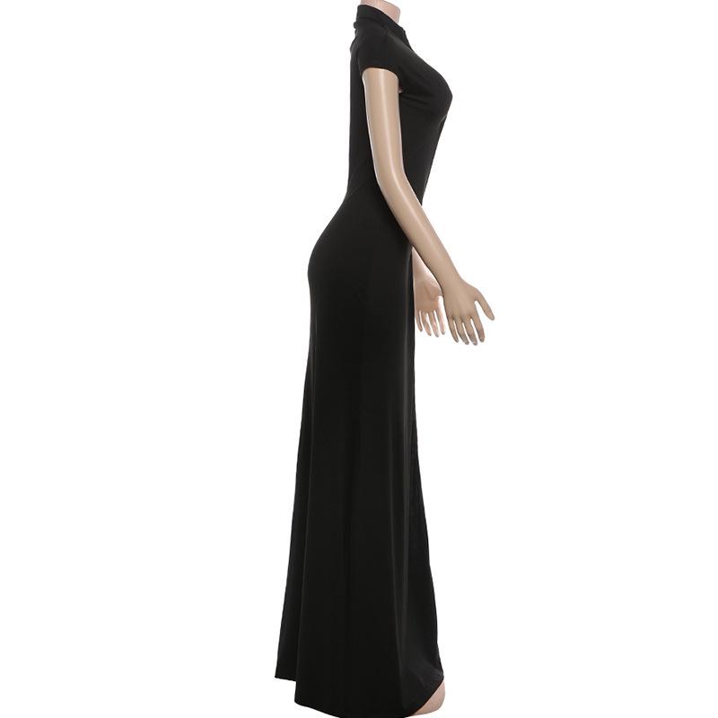 New Autumn/Winter Women's Fashion High Slit Stand Collar Hollow Out Slim Fit Dress