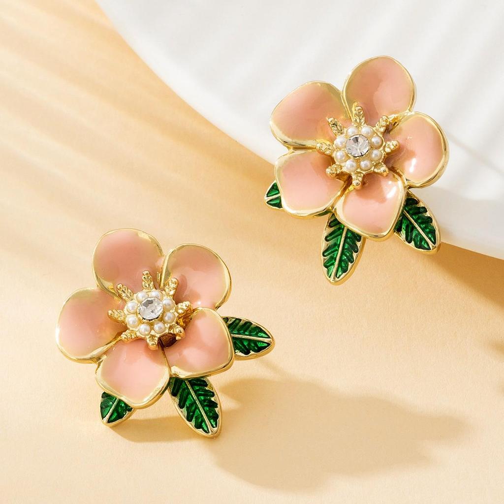 Japanese Oil-Drop Rhinestone 3D Camellia Studs - Women's Elegant Gardenia Earrings