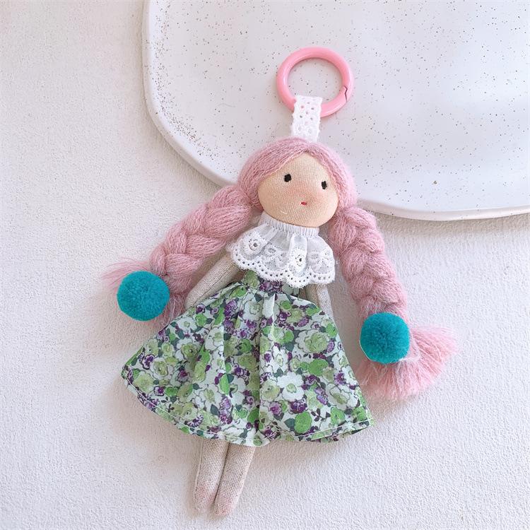 Cute Braid Doll Bag Charm Sweet Little Girl Floral Dress Plush Stuffed Toy Pendant Adorable Backpack Hanging Ornament Bag Charm