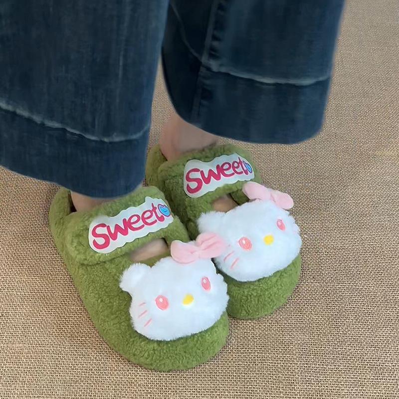 Versatile comfortable and warm girls fluffy shoes autumn and winter suede cute cartoon Hello Kitty casual thick-soled cotton slippers