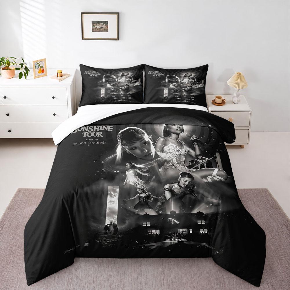 Ariana Grande Eternal Sunshine Tour Bedding Set, Singer in White Outfit on Moody Black White Gothic House