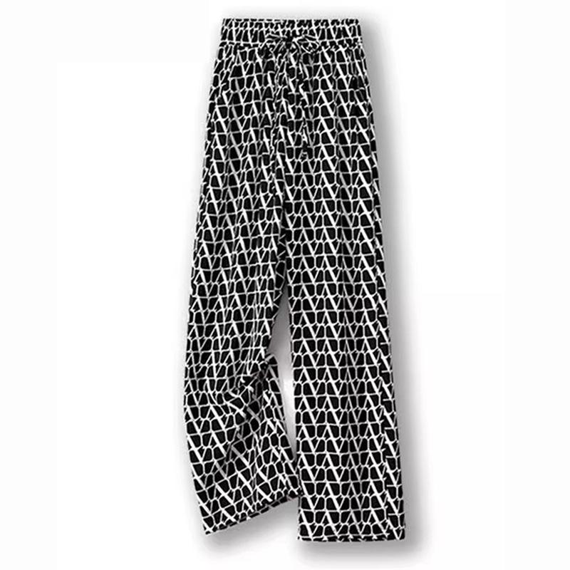 Women's Summer 2024 Ice Silk Checkered Wide-Leg Pants - Black/White Straight Leg