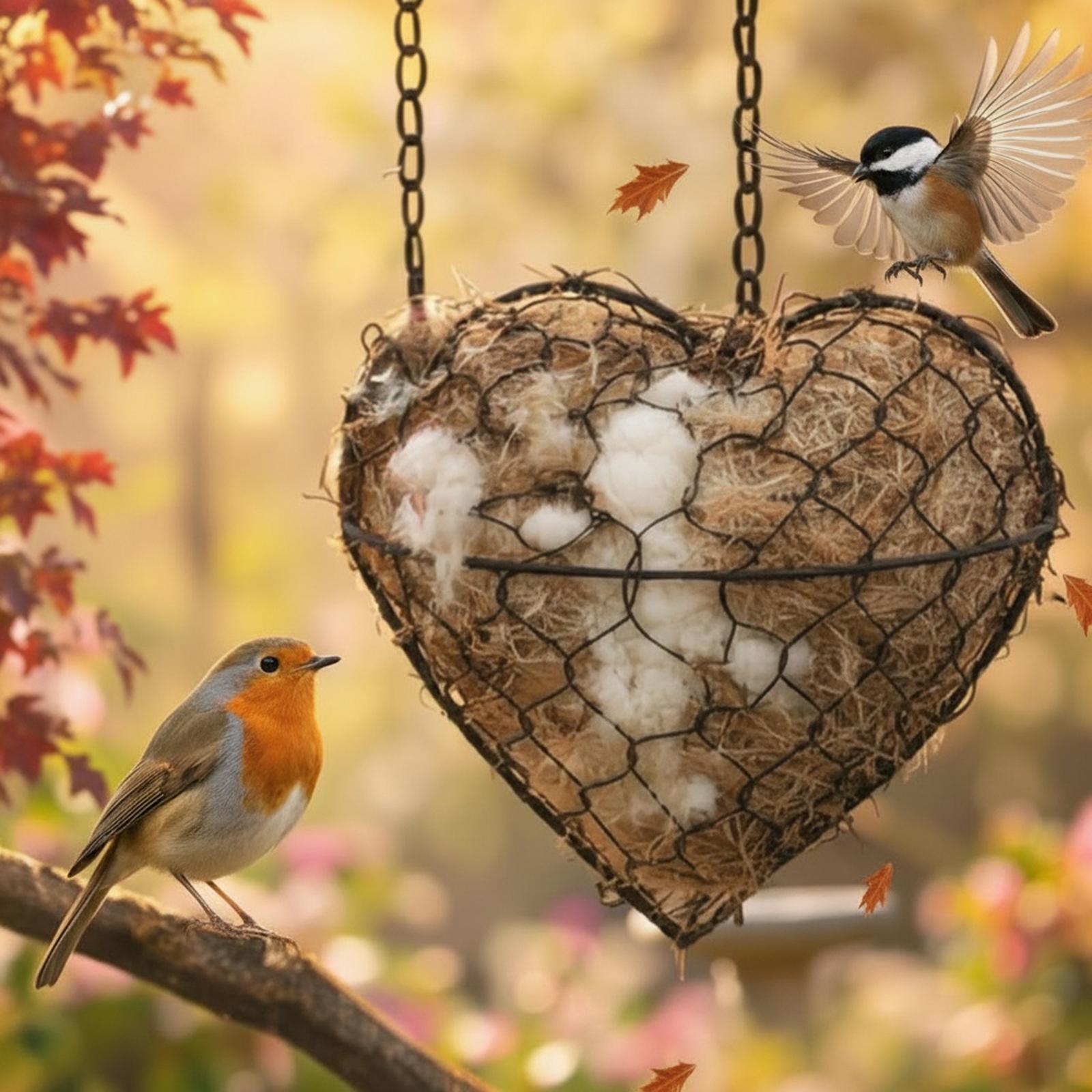 Handmade Fiber Bird Nesting Heart Refillable Hummingbird Nest Holder Dual-Season Outdoor Bird Shelter for Garden Yard Bird Lover