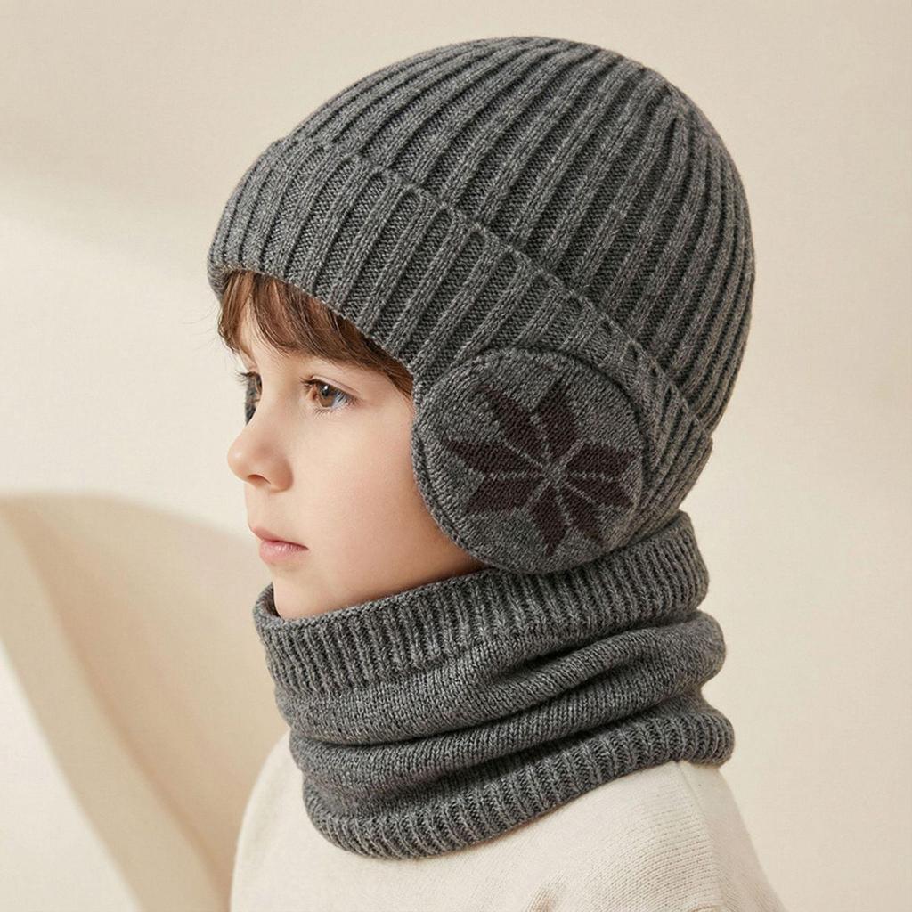 Children's Winter Snowflake Earmuffs and Scarf Set - Fleece-Lined, Thick Knit for Outdoor Cycling