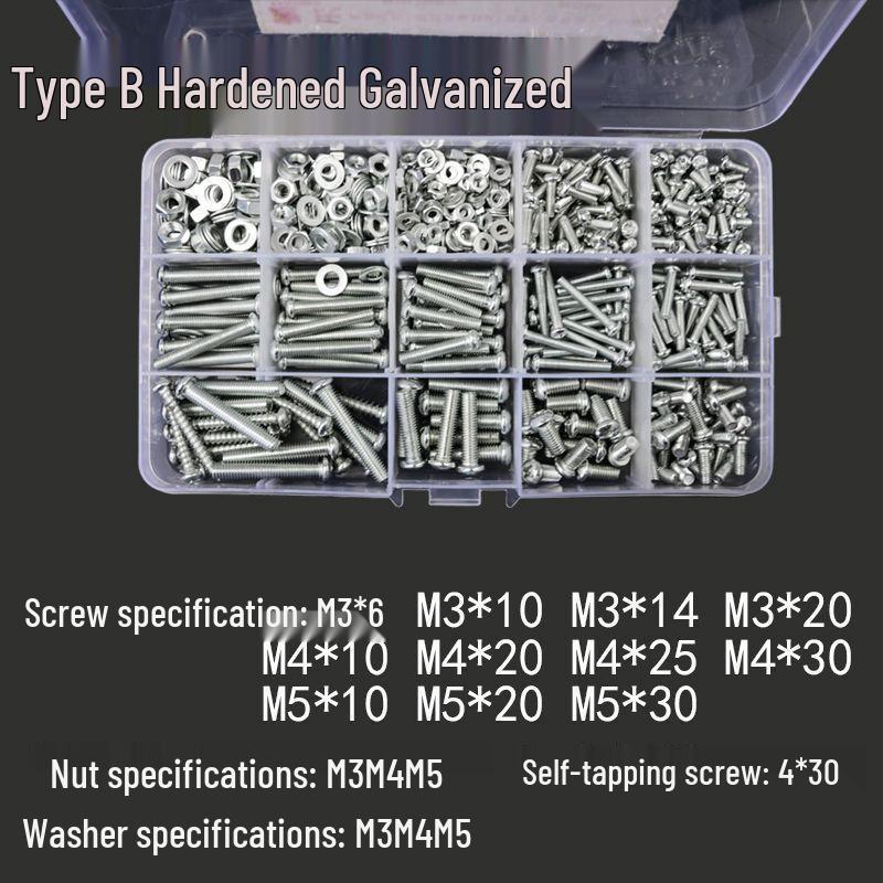 304 Stainless Steel Fastener Set: Nuts, Washers, Machine & Self-Tapping Screws, Bolts, Nails, Round Head M3/M4.