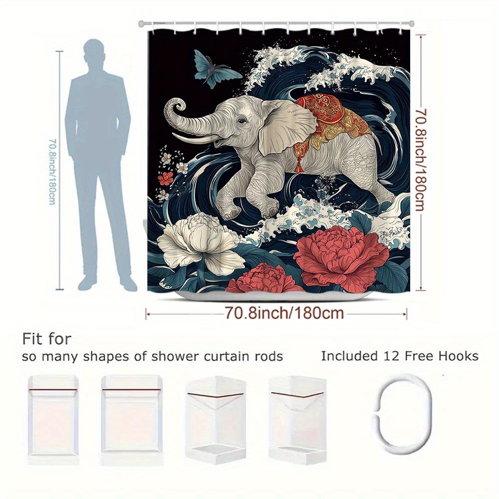 1Pc Elephant Shower Curtain - Vibrant Floral Elephant With Waves & Butterflies Design, Durable Polyester Fabric, Machine Washabl