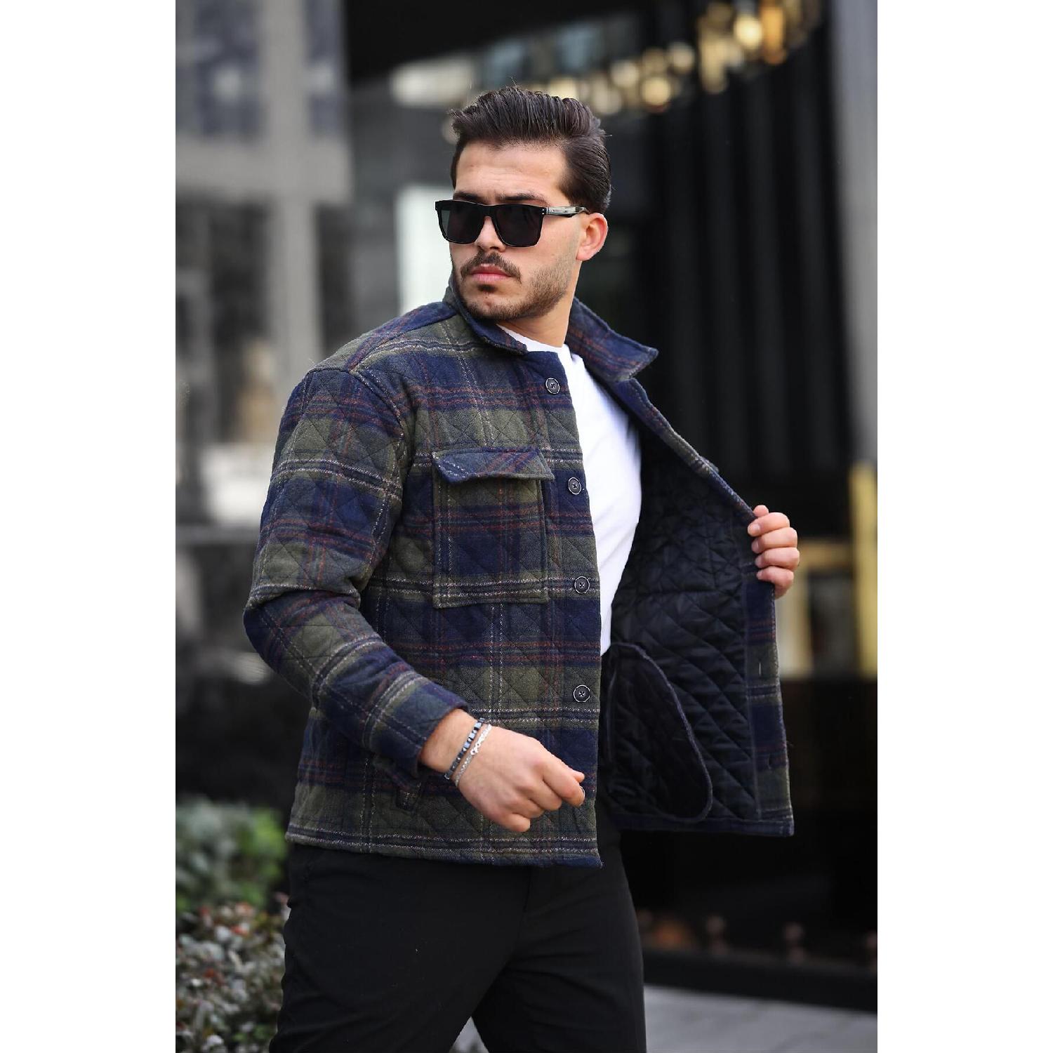 

Khaki Navy Blue Plaid Quilted Detailed Regular Fit Jacket-2454 S