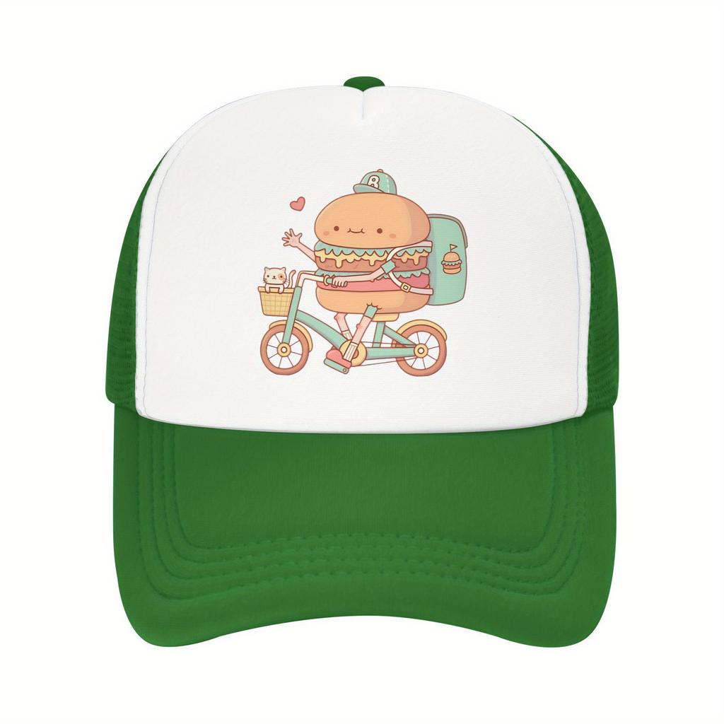 Burger Delivery Biker Trucker Hat Funny Food Print Mesh Back Adjustable Cap for Unisex Casual Outdoor
