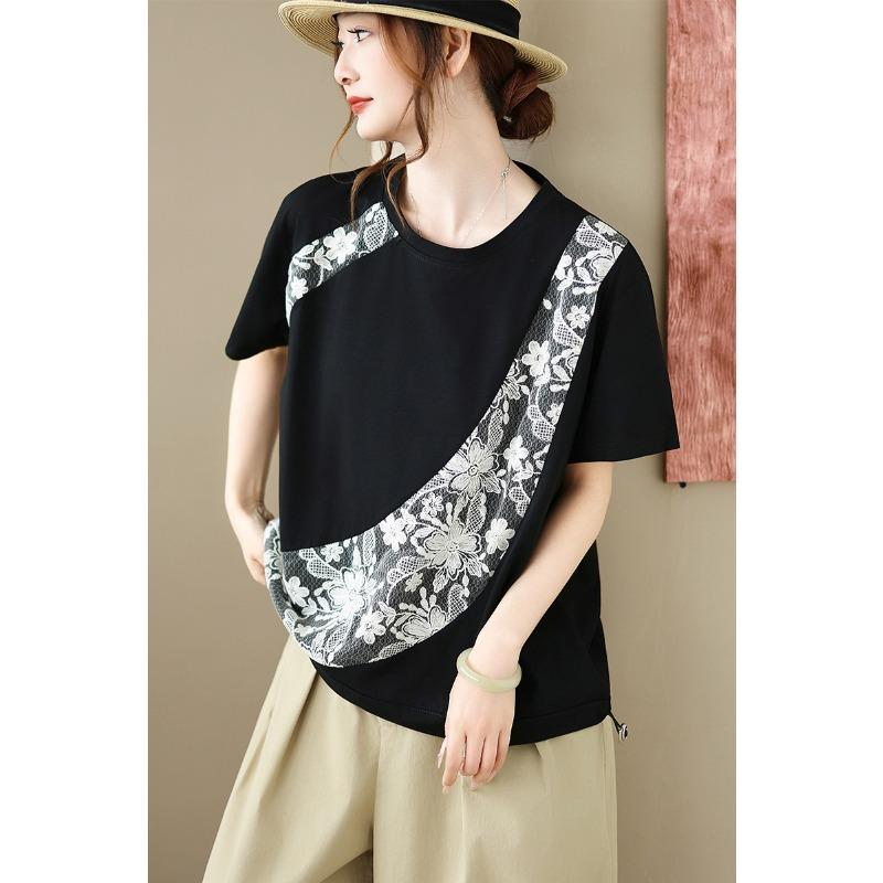DIMANAF 2026 Plus Size Summer Women T-Shirts Casual Lady Tops Tunic Lace Shirt Oversize Loose Tees Cotton