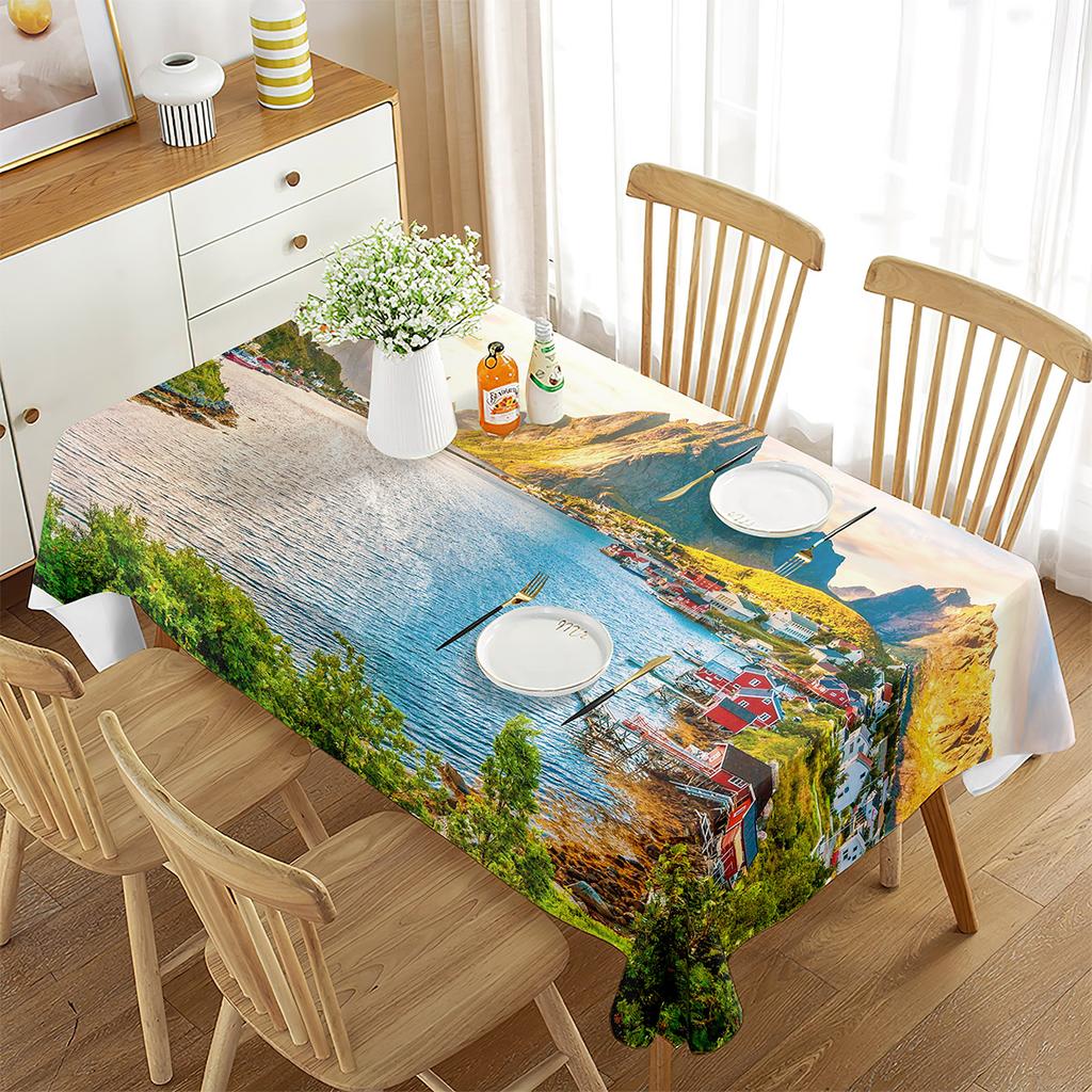 Tablecloth Landscape Waterproof Rectangle Table Cover House Amazing View Countryside Great for Parties, Holiday Dinner, Wedding