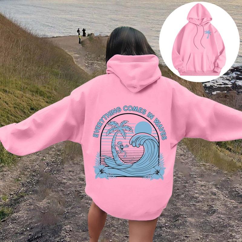 Women's Palm Tree Graphic Hoodies Meet Me At The Ocean Letter Print Pullover Hoodies Long Sleeved Female Streetwear Hoodie