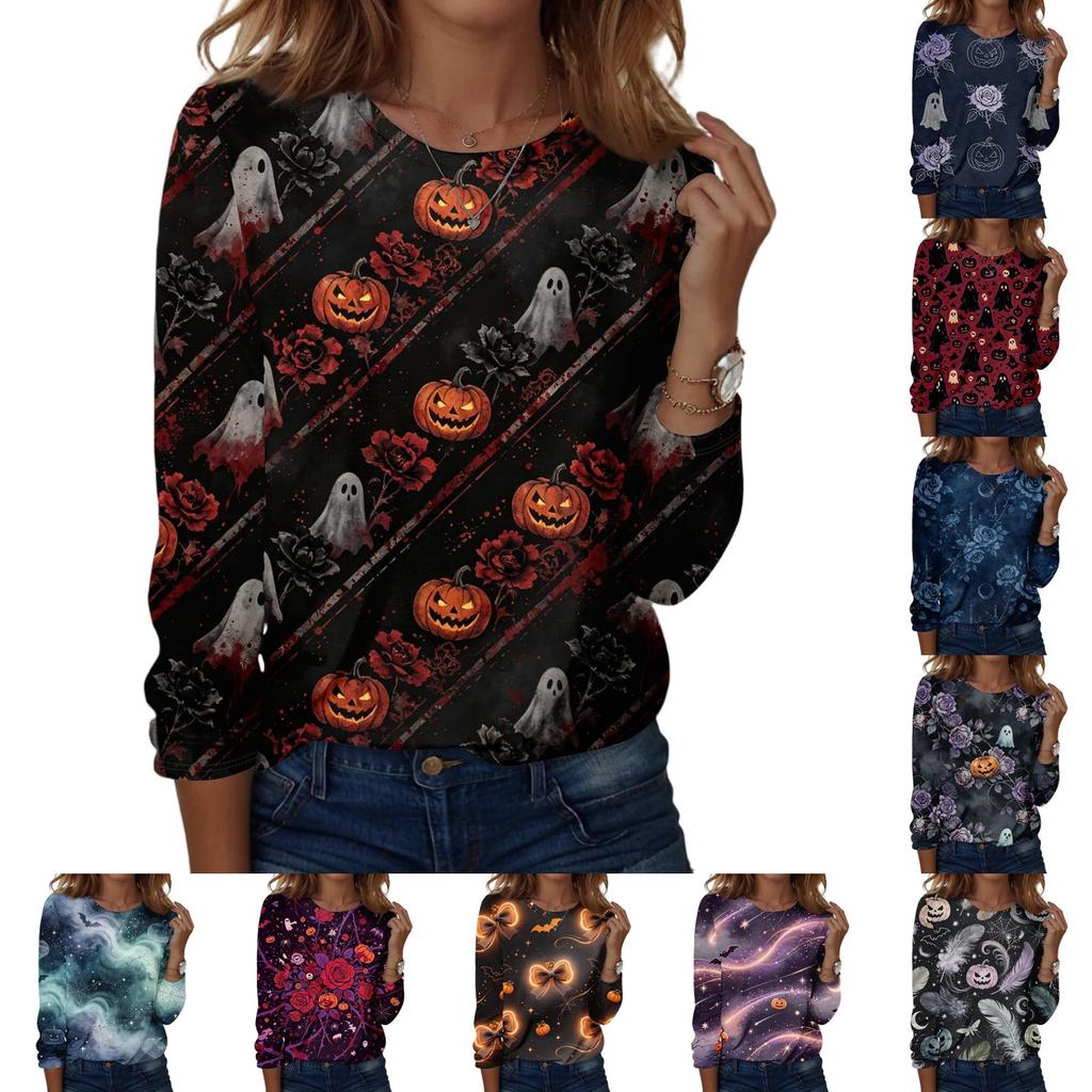 Women's Fashion Casual Long Sleeve Halloween Print Crewneck Top