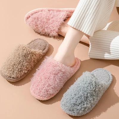 Fashion Women's Slippers 2024 New Autumn Winter Rolled Cotton Plush Flat Toe Comfort Warm Lightweight Home Flat Bottomed Cotton Slippers