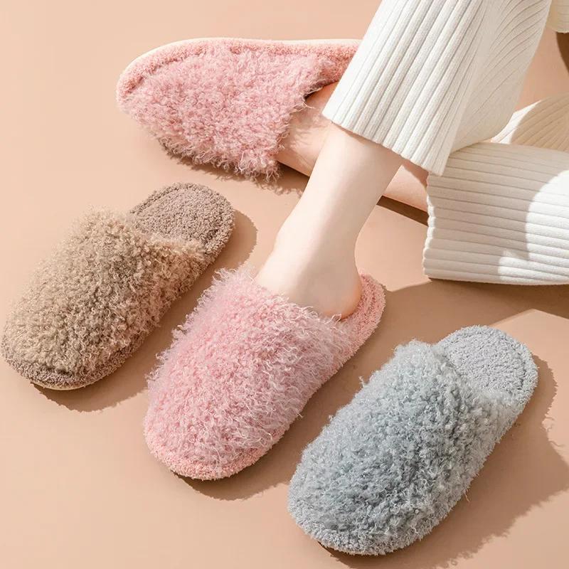 Fashion Women's Slippers 2024 New Autumn Winter Rolled Cotton Plush Flat Toe Comfort Warm Lightweight Home Flat Bottomed Cotton Slippers
