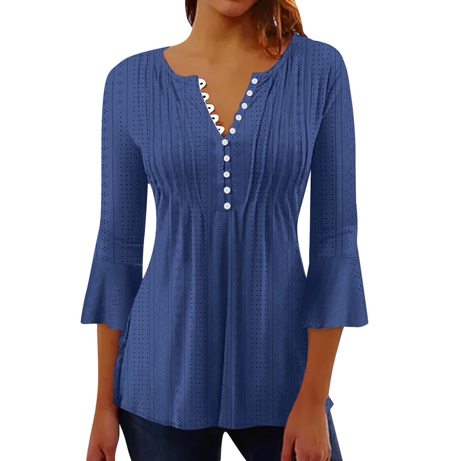 

Женский однотонный топ с полым V-образным вырезом и расклешенными пуговицами с рукавами три четверти L