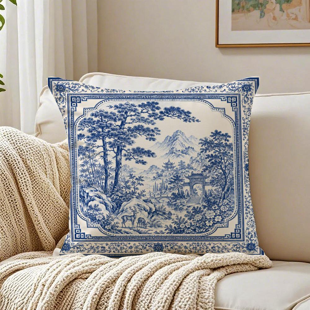 Blue White Landscape Pillow Case Organic Short Plush Cushion Covers Breathable Washable WrinkleResistant