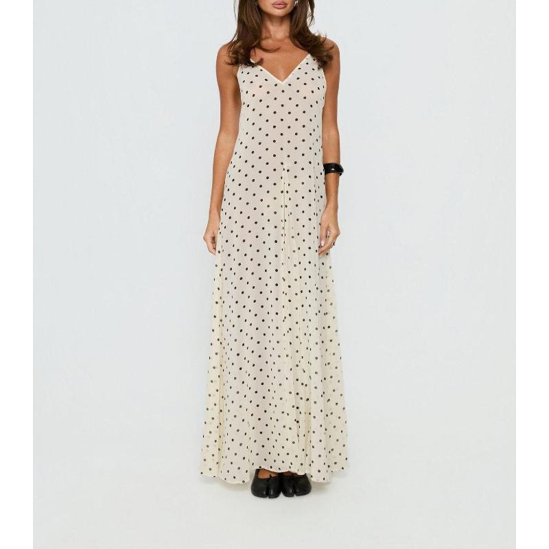 

women s French Polka Dot Spaghetti Strap Maxi Dress V Neck High Waist Elegant Vacation Long Dress 2XL