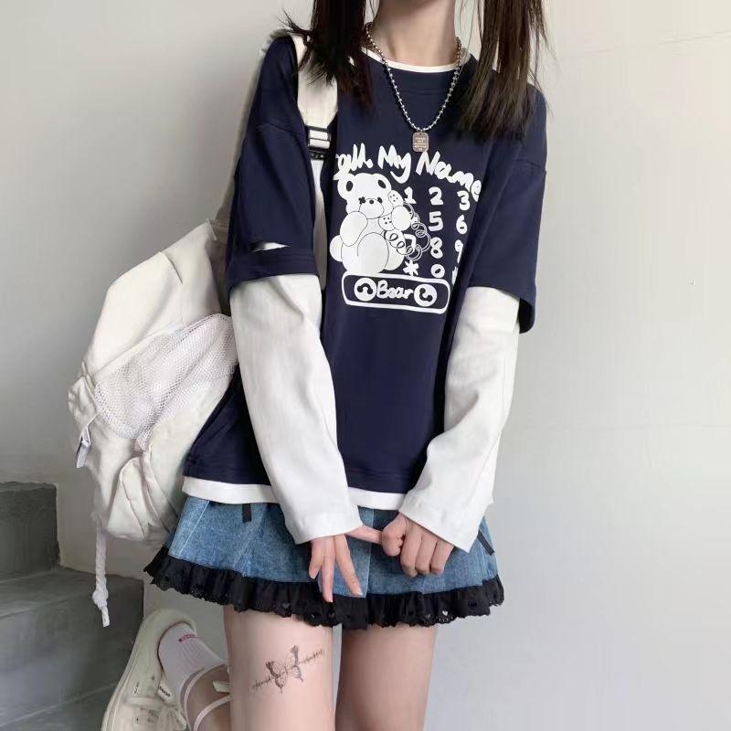 Autumn Teen Girls Harajuku Cartoon Bear Print Fake 2 Pieces T-shirt Patchwork Long Sleeve Y2K T-Shirt Women Sweet Clothes