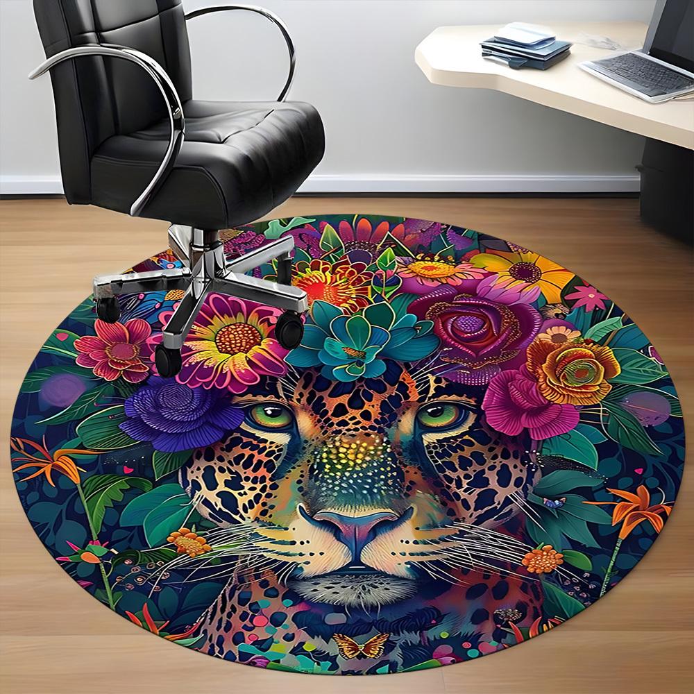 1 Stück Floraler Leopardenmuster Stuhlteppich für das Büro, Runder Rutschfester Langlebiger Großer Büroteppich, Geeignet für das Büro