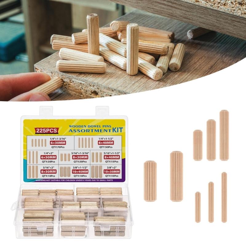 225Pcs 6/8/10mm Wood Dowels Furniture Fitting Dowel Pin Hard Wood Grooved Plugs Furniture Woodwork Grooved Fluted Pin
