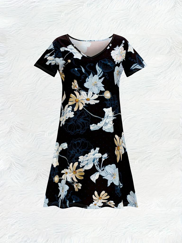 Fashion Black Floral Print V Neck Short Sleeve Summer Dress for Women Casual Loose Fit A Line Midi Dress Trendy