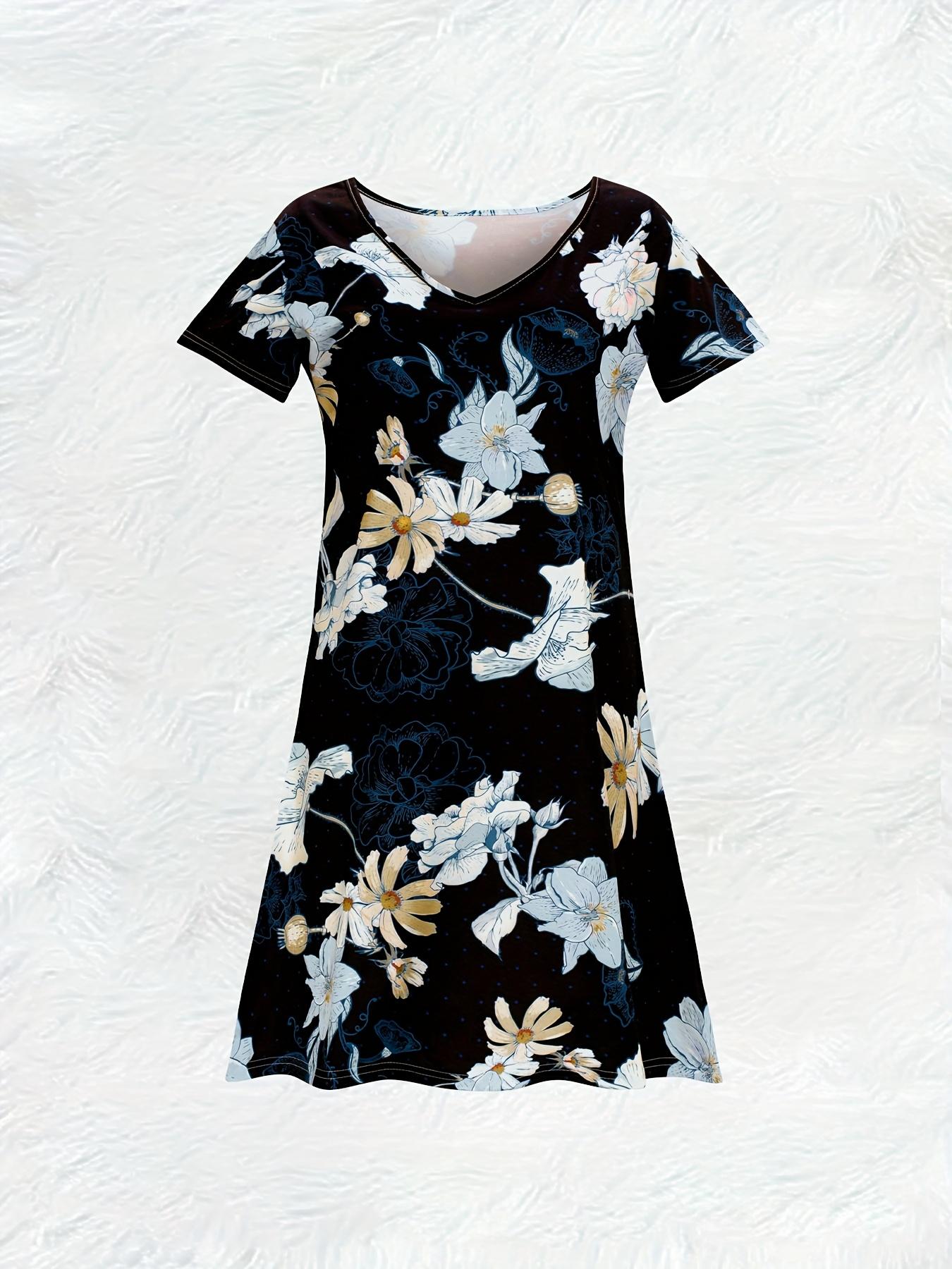 

Модное черное летнее платье с цветочным принтом, V-образным вырезом и короткими рукавами для женщин, повседневное, свободного кроя, А-силуэта, миди, трендовое S