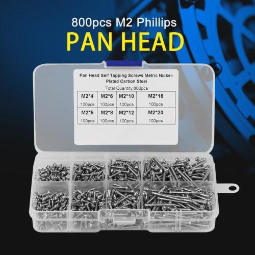 Machine Screw Kit, M2 Self-Tapping Screw Set, 800-Piece Screw and Nut Kit, M2 Cross Drive Flat Head Self-Tapping Screws, Woodworking Fastener Box Incl