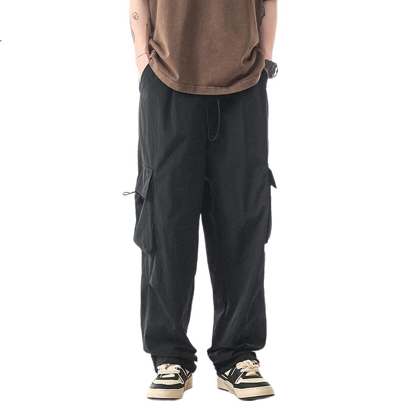 Dingfengbaoluo American Retro Wide-Leg Cargo Pants for Men, Spring Trendy Loose Versatile Straight Casual Trousers ZW48 Black L