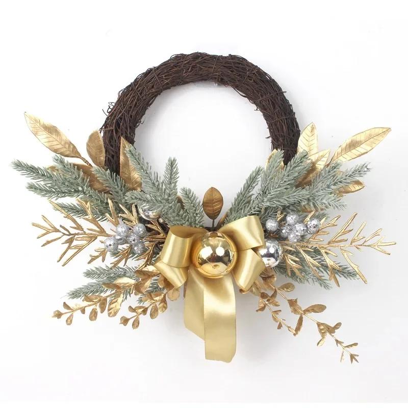 Nuovo Ramo di Corona di Natale Artificiale Rattan Ghirlanda Dorata da Appendere alla Porta d'Ingresso Muro Interno Esterno Ornamento di Natale Decorazione
