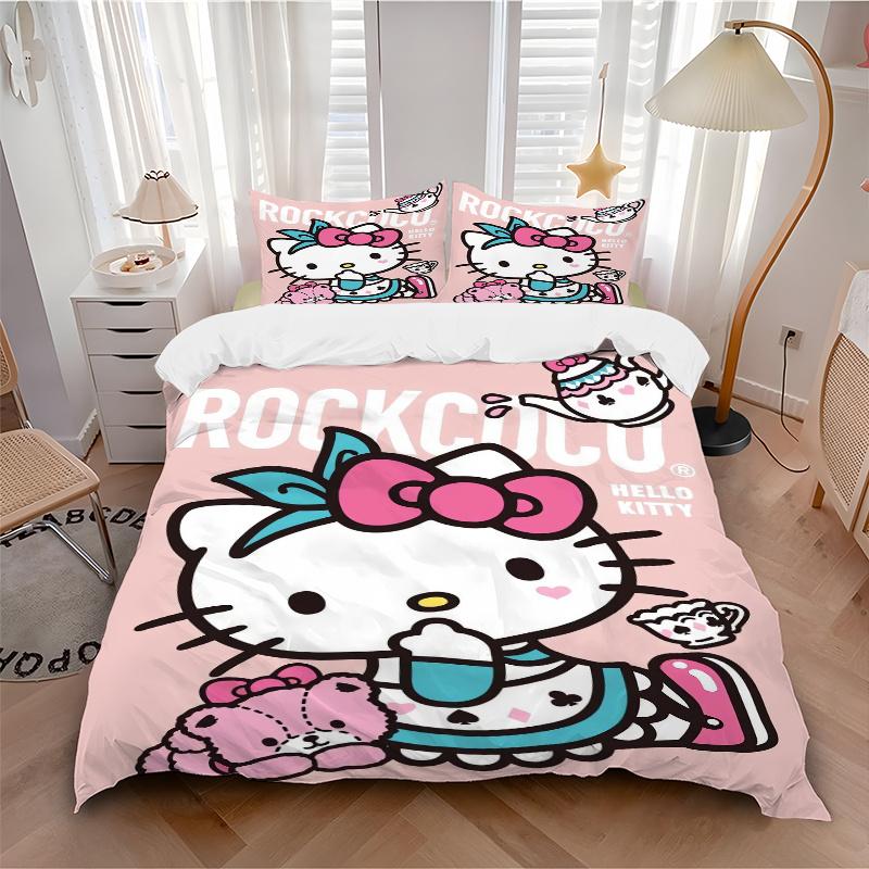 3pcs Pink Kettle With Hello Kitty Design Pattern Bedding Three-Piece Set (1 Cover + 2 Pillowcases, No Fillings), Soft and Comfortable W072